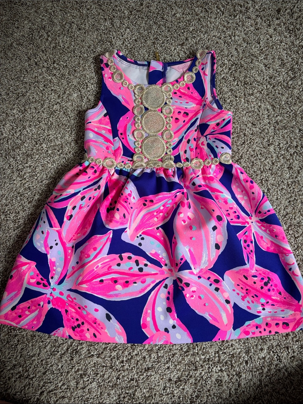 Lilly Pulitzer Navy, Hot Pink & Light Pink Floral Dress with Gold Trim
